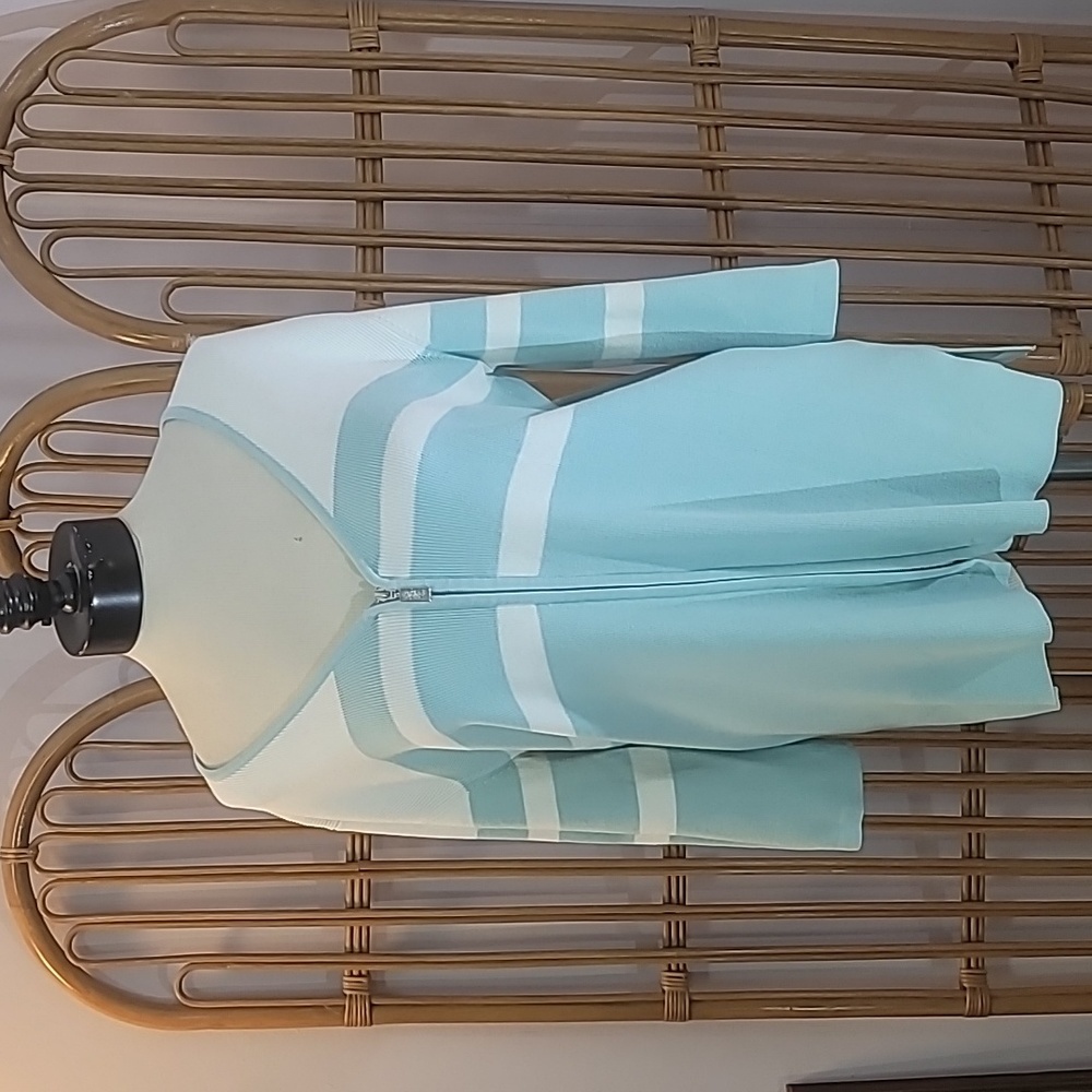 Bob Mackie Wearable Art zipper front blue white cardigan sz L striped 3/4 sleeve